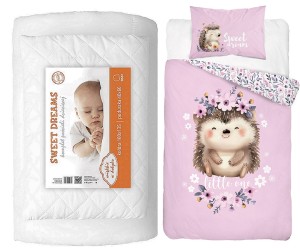 Komplet pościeli 100x135 do łóżeczka z kołdrą i poduszką wyprawka jeż na fiolecie