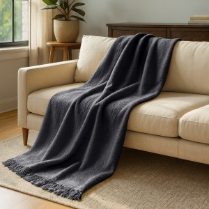 Koc Bawełniany 150x200 antracyt Gruby 500g/m2 Ciepły Miękki z Frędzlami 